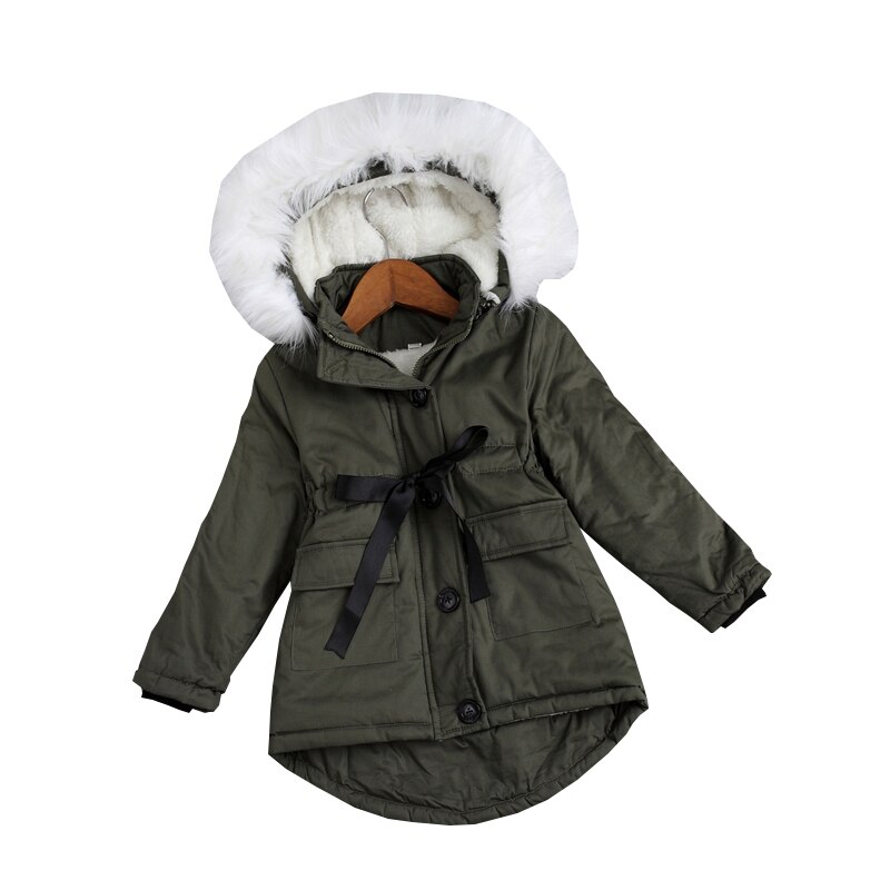 Girls Jackets Kids Faux Fur Collar Coat Korean Children Winter Outwear 3-11 years old Army Green Thick Warm Coat