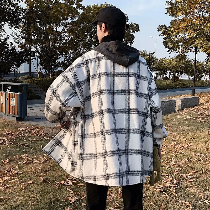 Rutiga jackor män vinter tjock bas lös koreansk retro streetwear ytterkläder sömnad hatt herr lapptäcke enkel daglig jacka