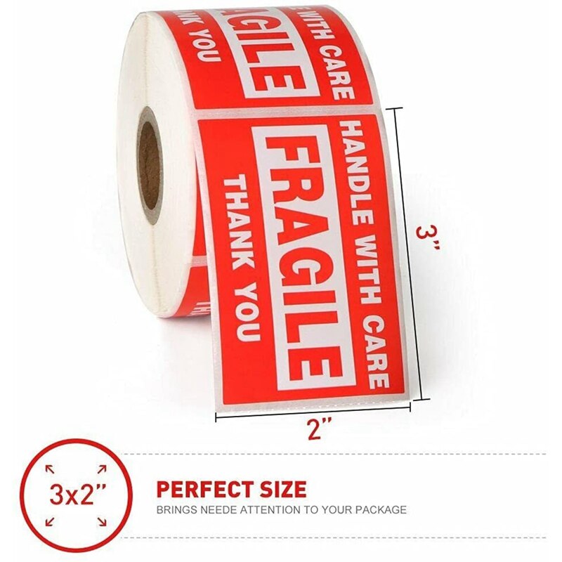Lber Breekbare Stickers 2X3 Inch Fragiele-Handvat Met Zorg-Dank U Waarschuwing Verpakking Labels (500 labels/Rol)