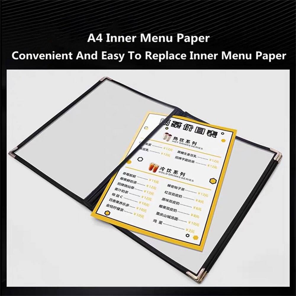A4 Black Leather Recipe Menu Paper Book Frame Pvc Menu Binder Inner Page Replaceable Restaurant Cafe Table Menu Holder Stand