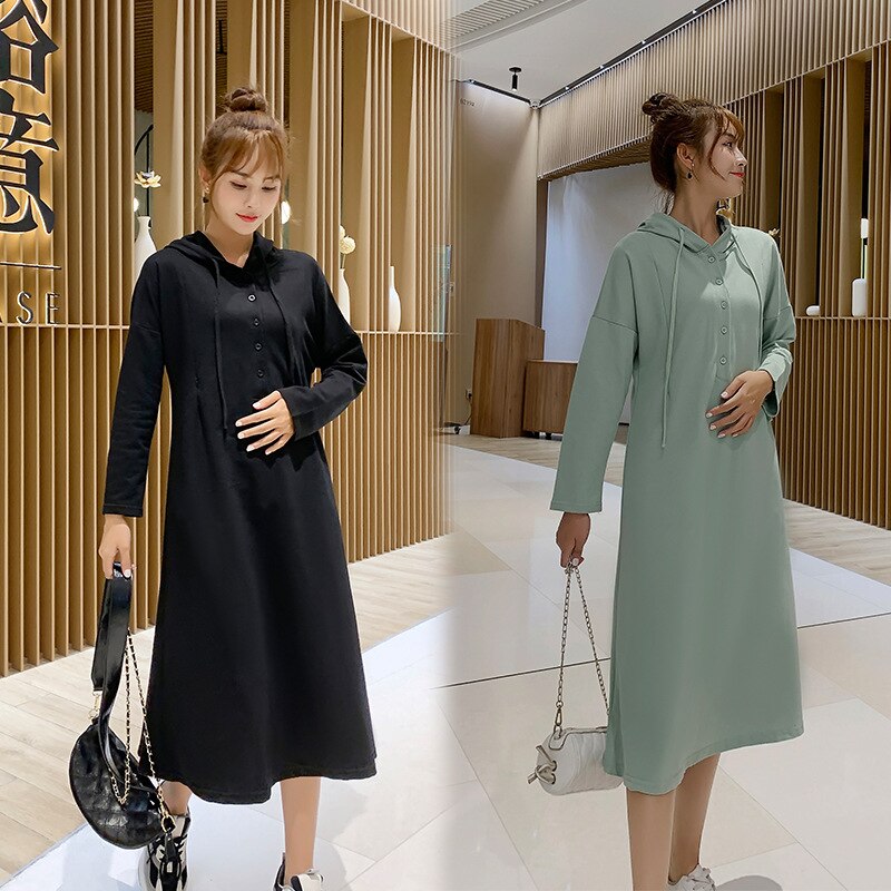 Koreansk stil løs afslappet barsel amningskjole til gravide ammekjole med langærmet hætteklædning