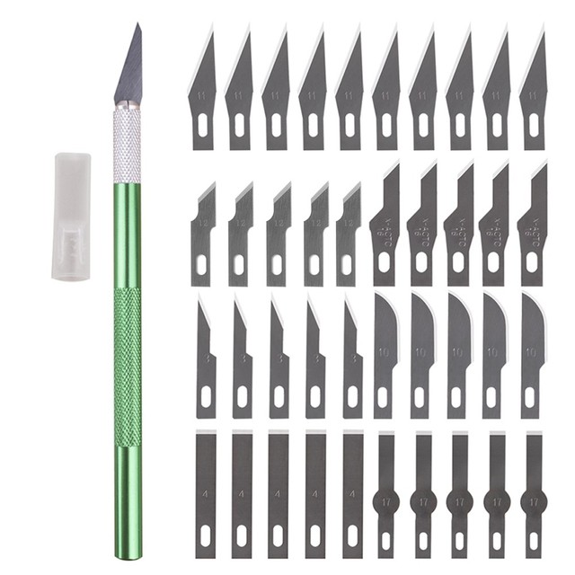 41PCS Craft Scalpel Multifunction Blade Cutter Carving Blade 40 Blade+1 Carving Handle Mobile Phone PCB DIY Repair Hand Tools: Green