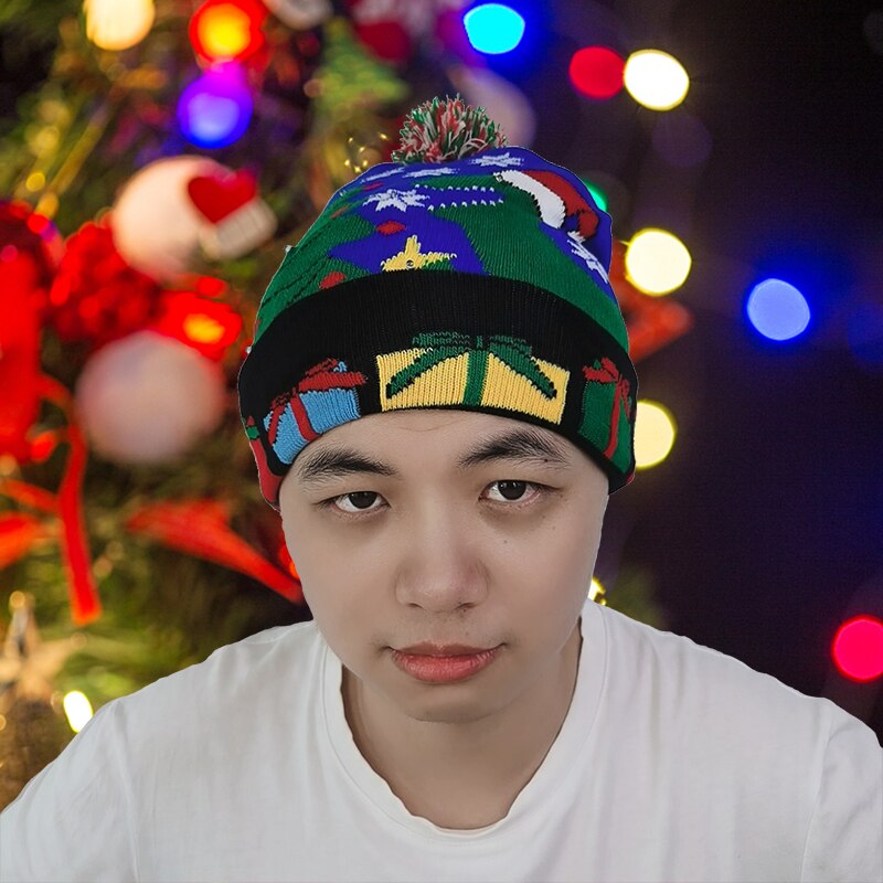 Julehuer beanie sweater led lys strik hue julepynt natal elg hue lys op strikket hue til børn
