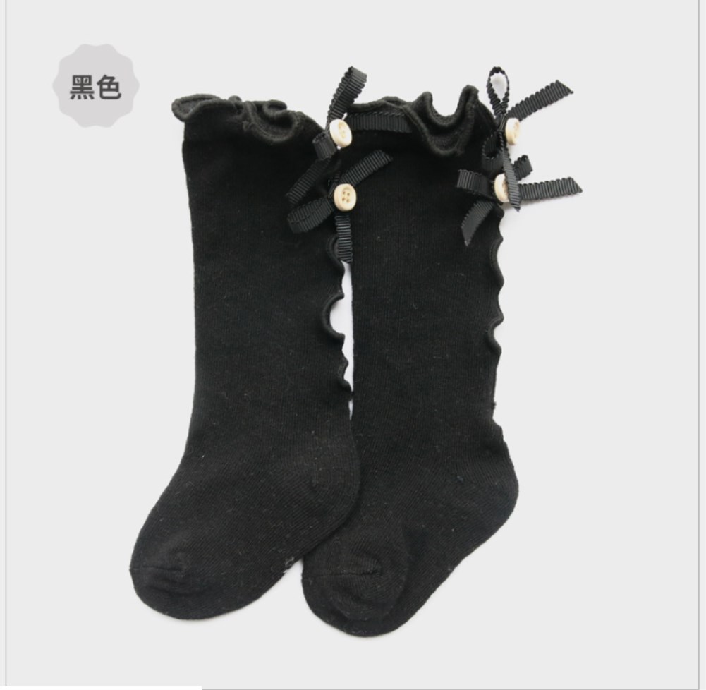 Kids Peuters Meisjes Sokken Grote Boog Knie Hoge Lange Zachte Katoen Kant Baby Solid Herfst Warm Ruches Boog: Black / 1-3 Years