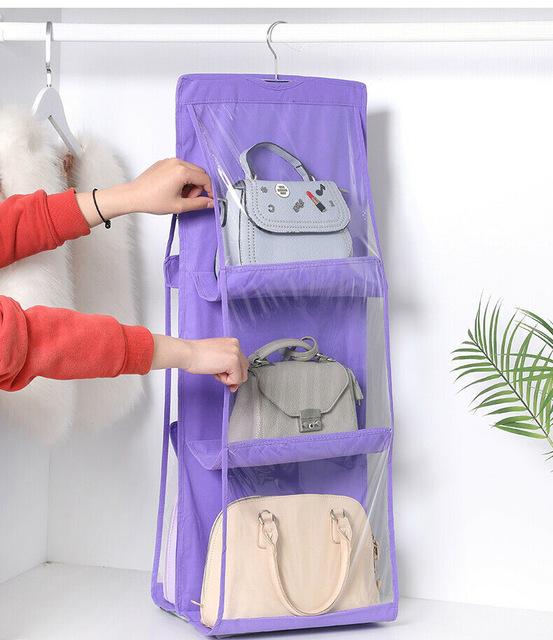 10 zakken opvouwbare hangende handtas portemonnee opbergruimte grote doorzichtige houder anti-stof organizer rek haak hanger rek tas: Paars 