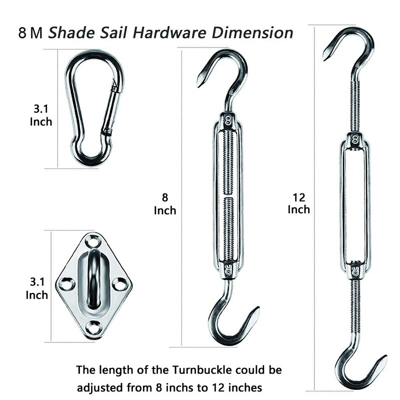 Shade Sail Hardware Kit 8 Inches Stainless Steel for Triple-cornered Heavy Duty Sun Sail Installation