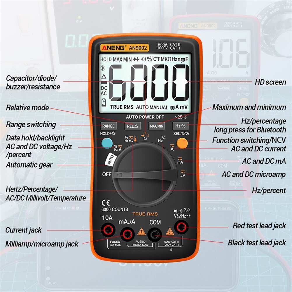 ANENG Drahtlose Bluetooth Digital LCD Multimeter Elektrische Tragbare Amperemeter True RMS Voltmeter Starke Zähigkeit Ampere Ohm Hz