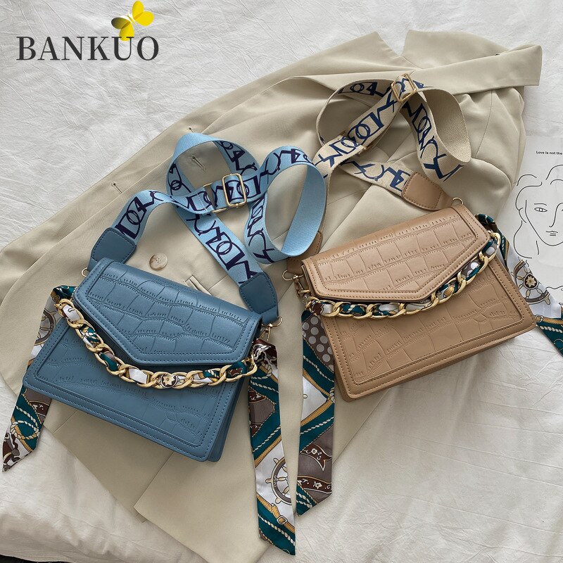 BANKUO Womens Bag PU Stone Pattern Shoulder Bags for Women Vintage Wide Straps Handbags Solid Crossbody Bags Z392