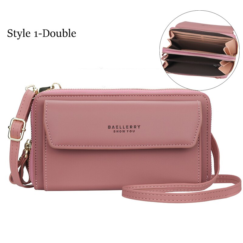 Bandoleras de piel sintética de doble capa para mujer, bolsos de gran capacidad, tarjeteros, cruzados,: Double-dark pink