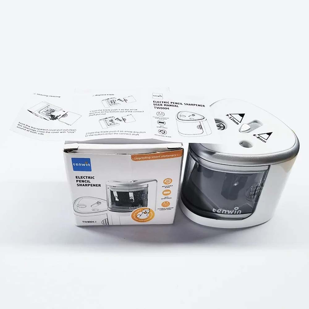 TENWIN Electric double-hole pencil sharpener Quick sharpening school supplies for 6-12mm pencils(Battery Not Included): Silver