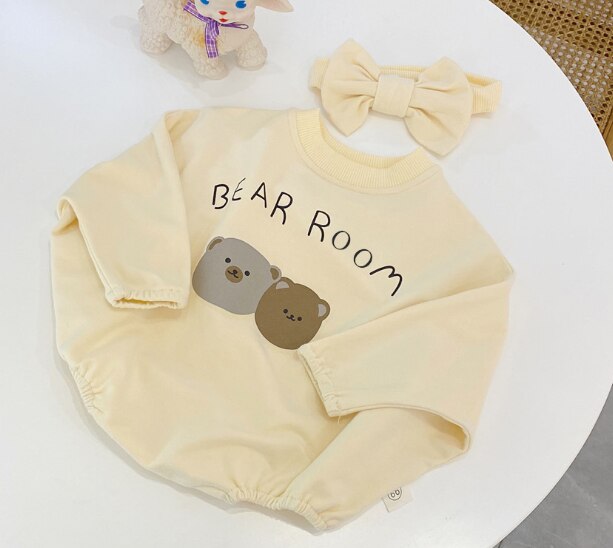 Automne mignon bébé filles dessin animé ours barboteuses en vrac avec bandeau de nœud papillon pur coton combinaisons décontracté: beige / 24M  (tag size 90cm)