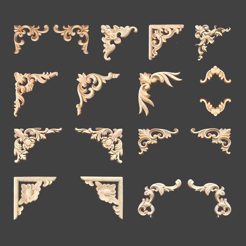 Onlay houten lijstwerk houtapplicatie houten hoekbloem ongeverfd modern houtsnijwerk gesneden houten hoekmeubeldecoratie