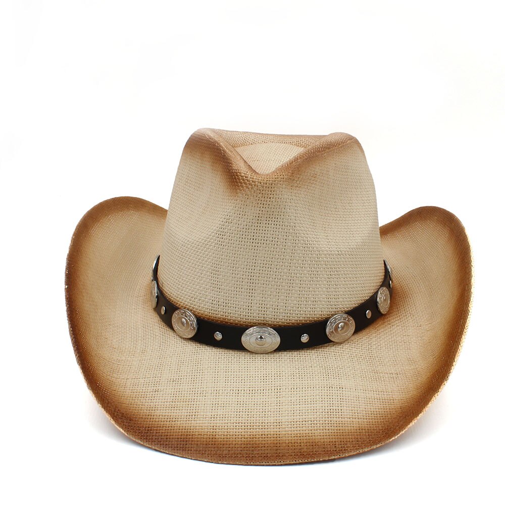 Kvinder halm cowboy hat med punk læderbånd til dame far western sombrero hombre cowgirl jazz caps størrelse 58cm: C1 bcm