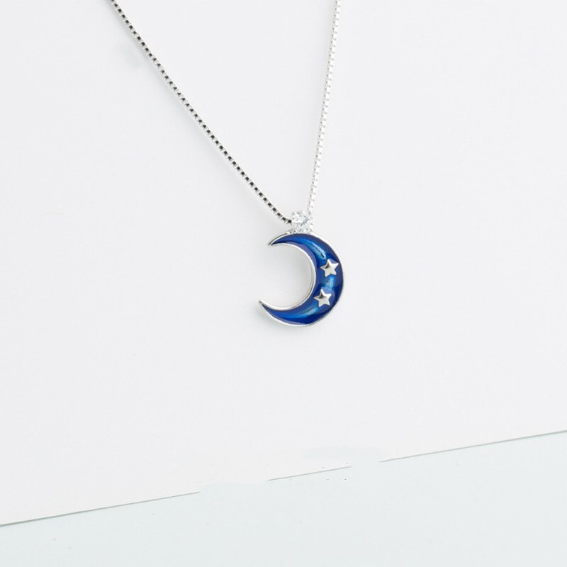 S925 Sterling Zilver Met Druipen Glazuur Blauwe Maan Voor Vrouwelijke Ketting Eenvoudige Wilde Student Sleutelbeen Keten Valentijnsdag