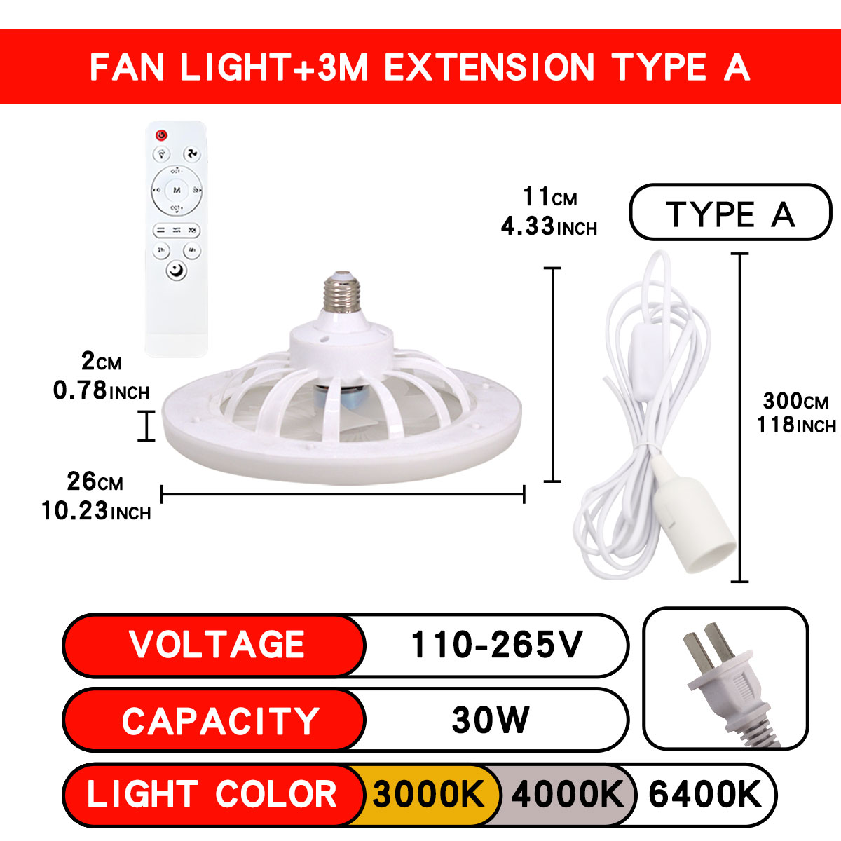 Luz LED para ventilador de techo E27 con control remoto, atenuación, velocidad del viento regulable de 3 velocidades, adecuada para sala de estar, estudio, baño: Azul