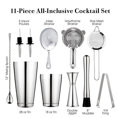 Cocktail Shaker Bar Set: 2 Weighted Boston Shakers,Cocktail Strainer Set,Jigger,Muddler and Spoon, Ice Tong and 2 Bottle Pourer: Silver Sets