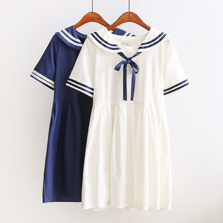 Sommer japansk mori dame college vind marine stil kat broderet bomuld og hør pige kjole studerende løs sømandsdragt