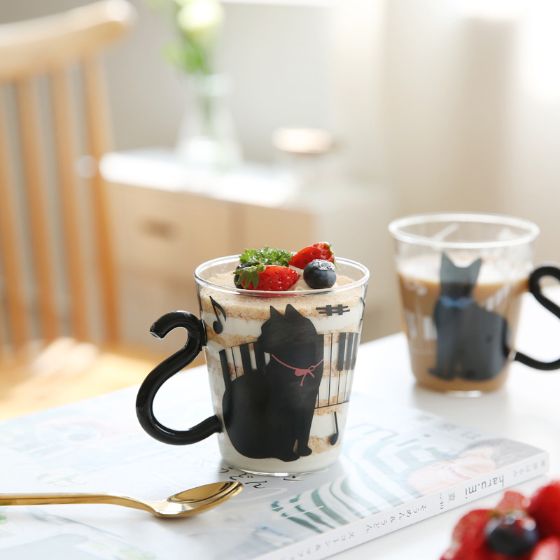 Gato taza de vidrio creativa taza con Gato de dibujos animados taza de agua con mango par de jugo de vidrio taza de jugo de fruta taza de café tipo oficina
