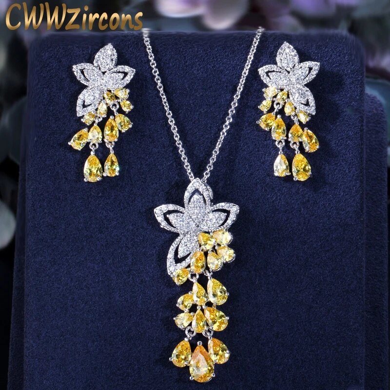 CWWZircons Cubic Zirconia Tassel Flower Earrings and Pendant Necklace Ladies Jewelry Sets T334