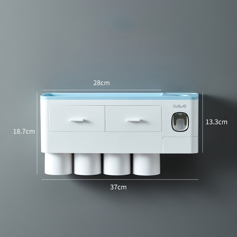 Wall-Mounted Magnetic Adsorption Lnverted Toothbrush Holder Toothpaste Dispenser With Cup Storage Rack Bathroom Accessories Set: Blue 4 Cups