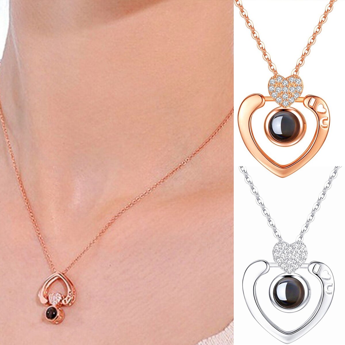 Silver Rose Gold 100 Languages Light I Love You Projection Pendant Necklace Love Heart-Shaped Diamond Necklace