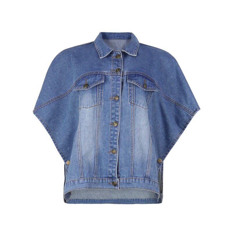 Grande taille veste en jean femmes manches chauve-souris bouton poches jean ample manteau court veste femmes Streetwear automne Bomber veste: S