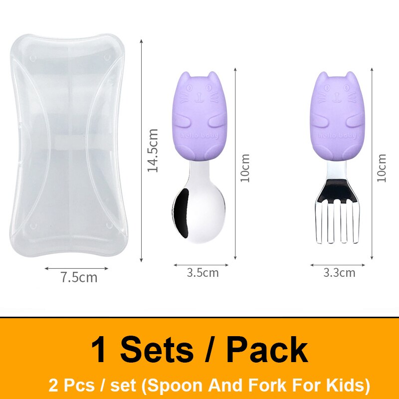 Spoon And Fork For Kids Children's Cutlery Set Cute Cartoon Metal spoons And Forks Stainless Steel Eco Friendly Kids Tableware: Purple 1 set