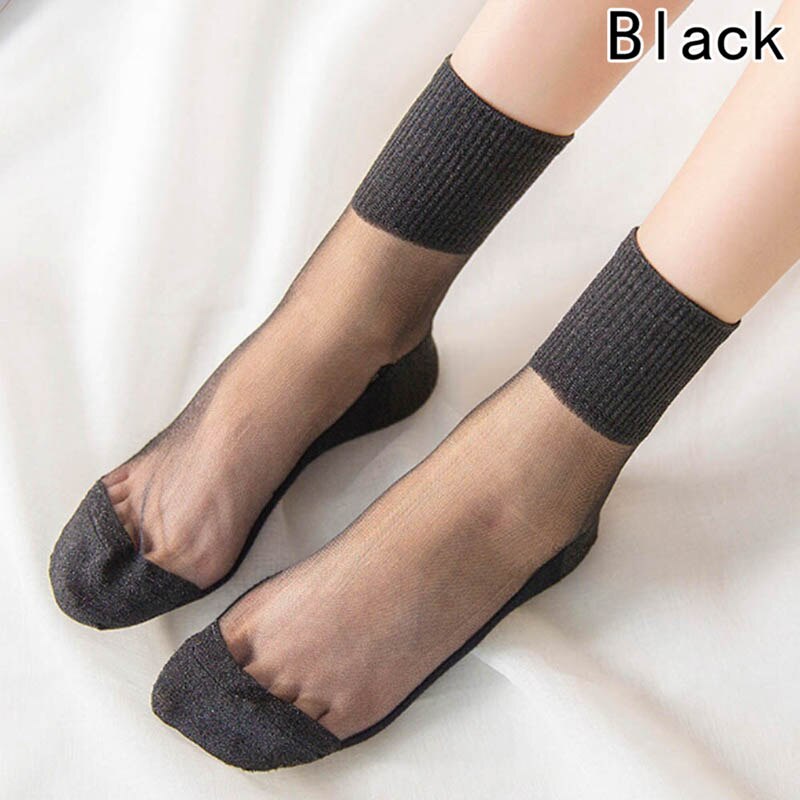 8 Colors Summer Women Ultrathin Transparent Socks Glitter Crystal Glass Silk Meias Beautiful Lace Shiny Elastic Short Socks: BK