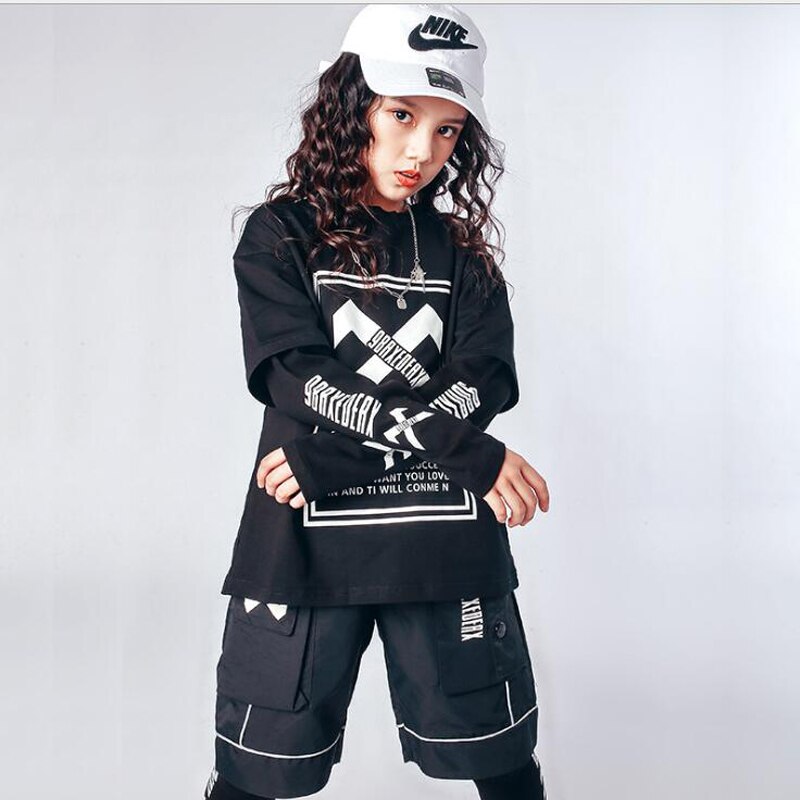 Ropa de baile de Hip Hop para niños, sudadera holgada, Tops, ropa de calle, pantalones cortos, ropa de baile, disfraz, 3 piezas