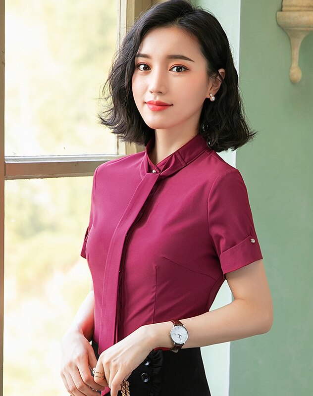 Vrouwen Slanke zomer Effen kleur Korte mouw OL Formele Zakelijke Blouses & Shirts Vrouw 703: Bourgondië / 4XL