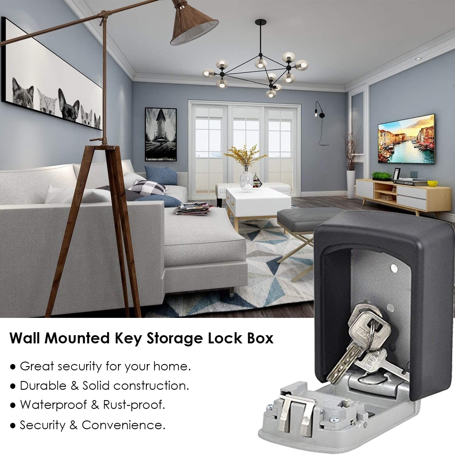 Key Storage Lock Box Exterior Outdoor Weatherproof Hide Wall Mounted 4-Digit Combination Lock Box Key Safe Box
