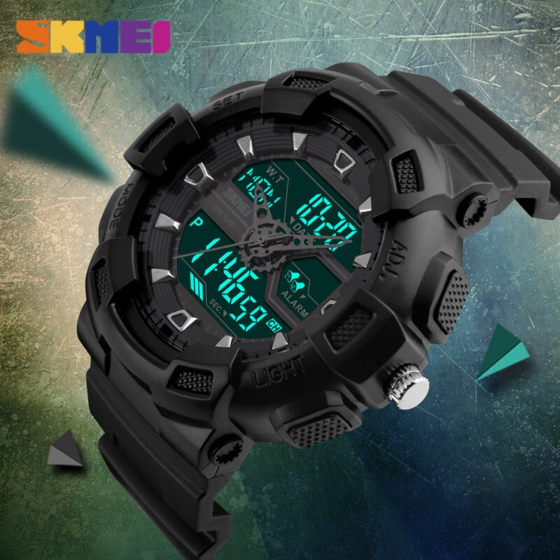 SKMEI 1189 Men Sport Digital Wristwatches Chronograph Alarm Clock Outdoor Full Black Dual Time Display Watches