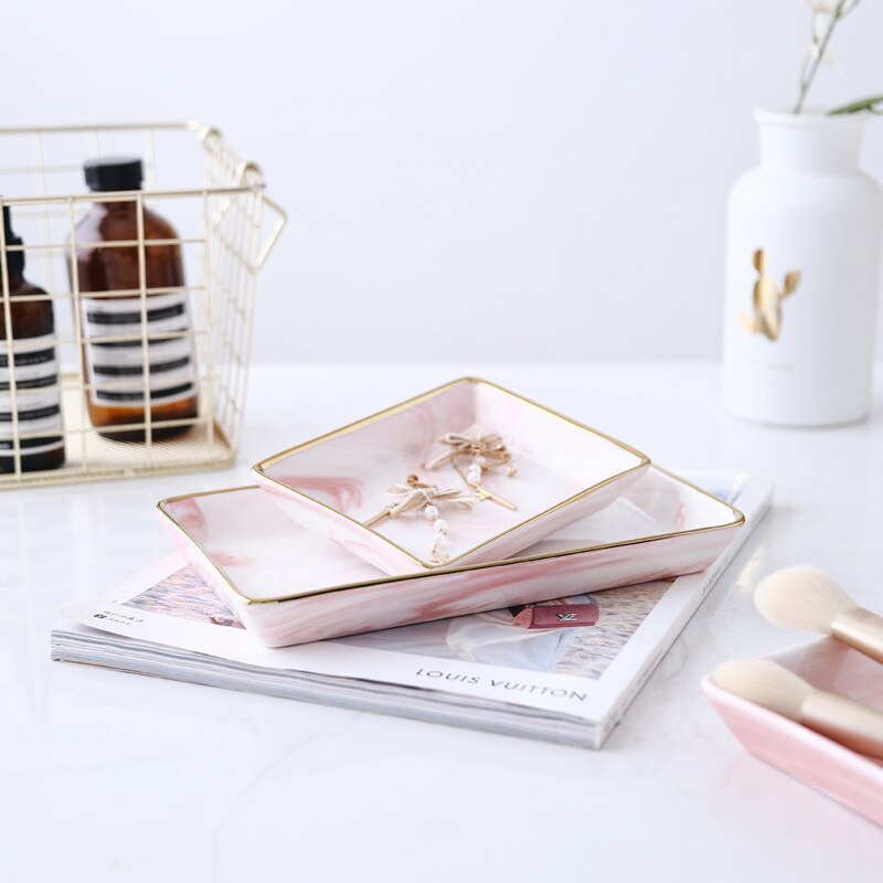 nordisch Marmor aufbringen Gold Ablage Keramik Schmuck Tablett Schlecht Dressing Tisch Tablett Kleinigkeiten Tablett Schlafzimmer Dekoration