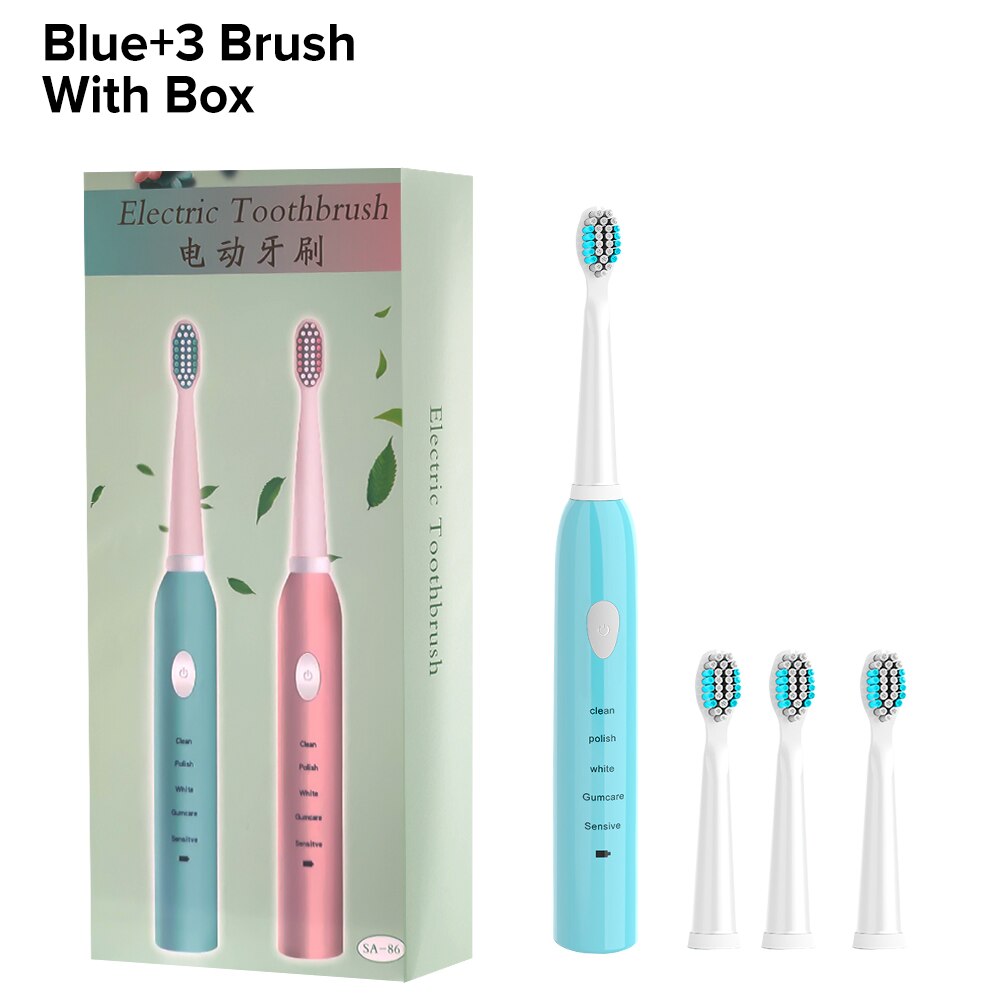 Sonic Electric Toothbrush USB Rechargeable Tooth Brush Electric Five Modes IPX7 Waterproof Adult Sonic Brush Teeth Automatic: Blue Add 3 Brush