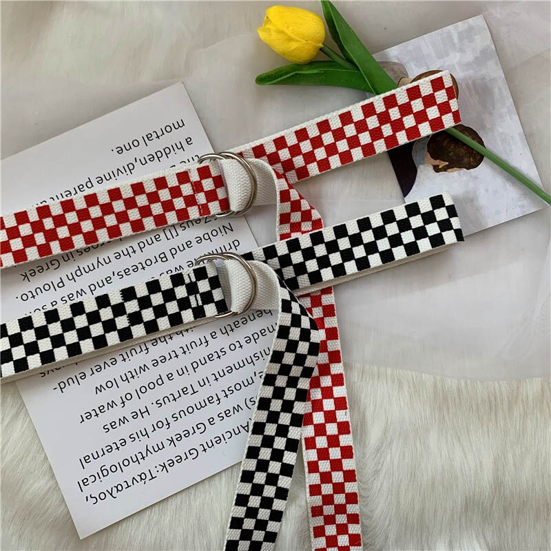 Cinturón de para mujer, pantalones vaqueros de lona informales, encantadores cinturones para mujer, hebilla a cuadros negra y blanca, Correa larga de 120cm, cinturón con hebilla