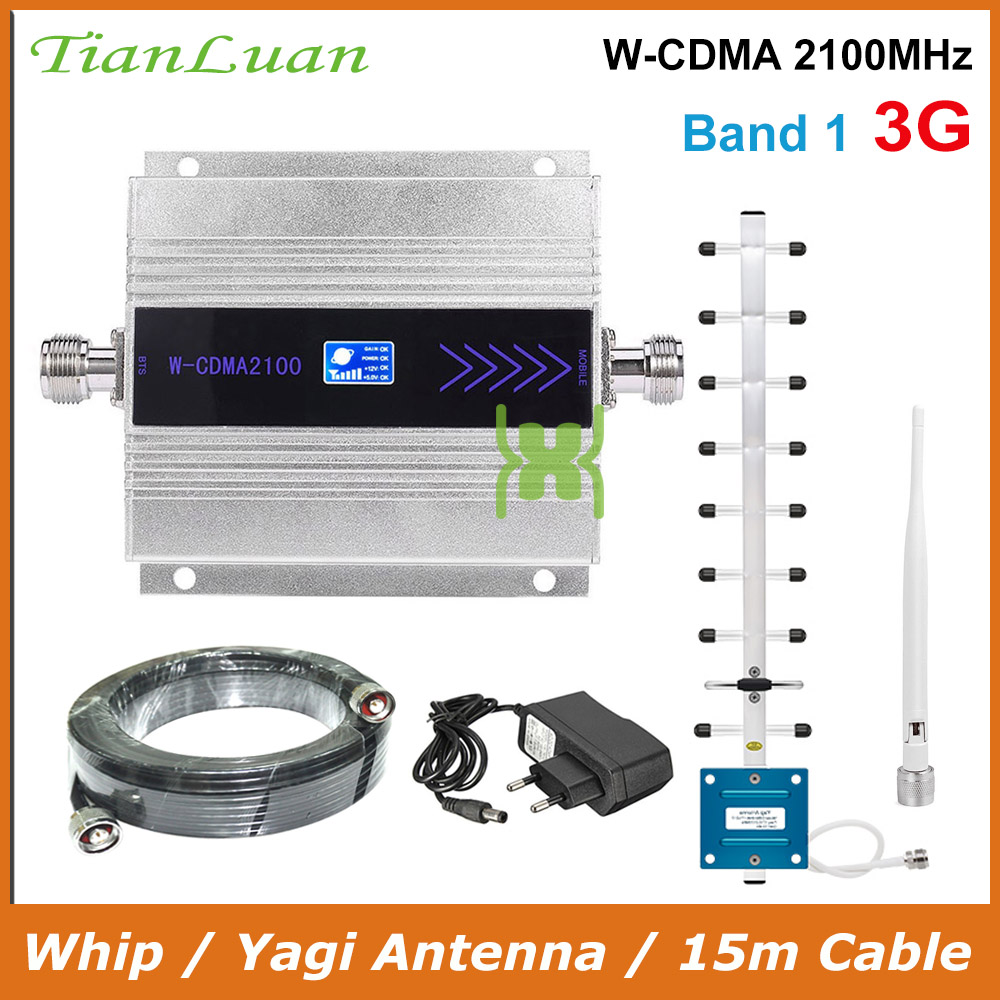 TianLuan Mini W-CDMA 2100Mhz Mobiele Telefoon Signaal Booster WCDMA 3G Signaal Repeater Versterker + Zweep/Yagi Antenne met 15m Kabel