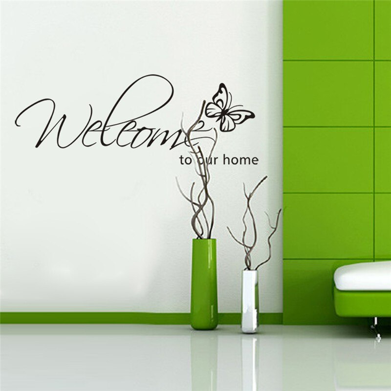 Bienvenido a nuestra casa de mariposa vinilo cita adhesivos de pared Pared de salón arte decoración bricolaje negro calcomanías