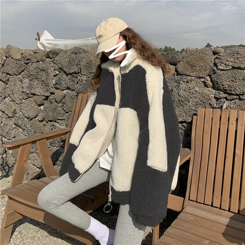 Imiteret pels frakke kvinder efterår vinter varm blød lynlås pels patchwork jakke kvindelig plys overfrakke lomme afslappet outwear