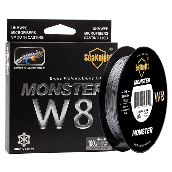 SeaKnight ligne de pêche W8 150 M tresse 8 brins ligne lisse PE Multifilament grand Angle technologie tressée 20-100LB: Hi vis gray / 8.0