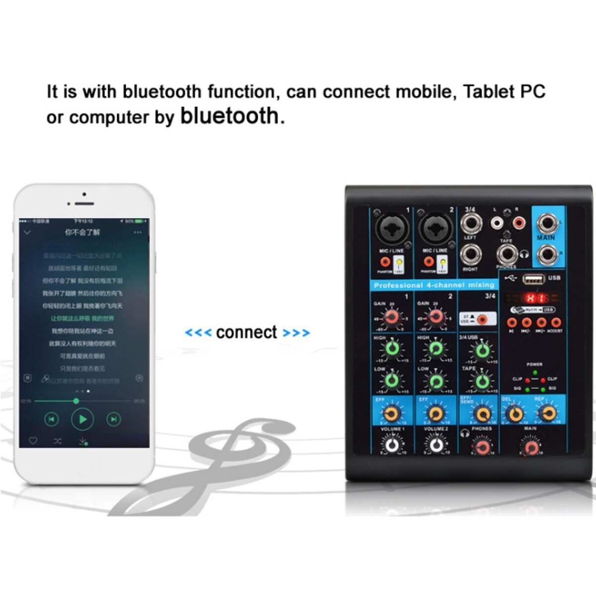 Mini 4 Channels Audio Mixer USB bluetooth MP3 Live Studio DJ Sound Mixing Console Karaoke Computer Phantom Power For KTV 48V