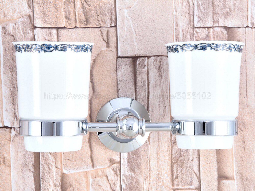 Polished Chrome Wall Mounted Double Toothbrush Holders With 2 Creamic Cups Tooth Cup Holders For Bathroom Accessories zba796