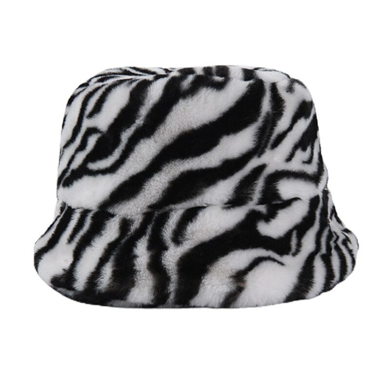 Dames vintage luipaard zebra print bucket hat winter fuzzy pluche visserspet 28gd