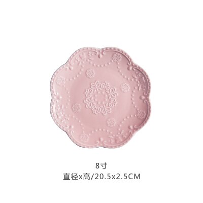Assiette à fruits en relief chinoise, assiettes à salade, plateau en céramique, disque à Steak rose, gâteau, plat, accessoires de cuisine pour la maison, 6, 8, 10 pouces: Pink 8 inches