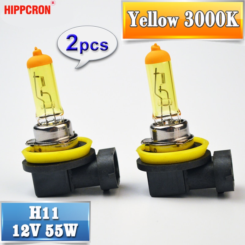 Hippcron H11 Geel Halogeenlamp 12V 55W 2 Stuks PGJ19-2 3000K Auto Lamp Quartz Glas Auto Fog licht