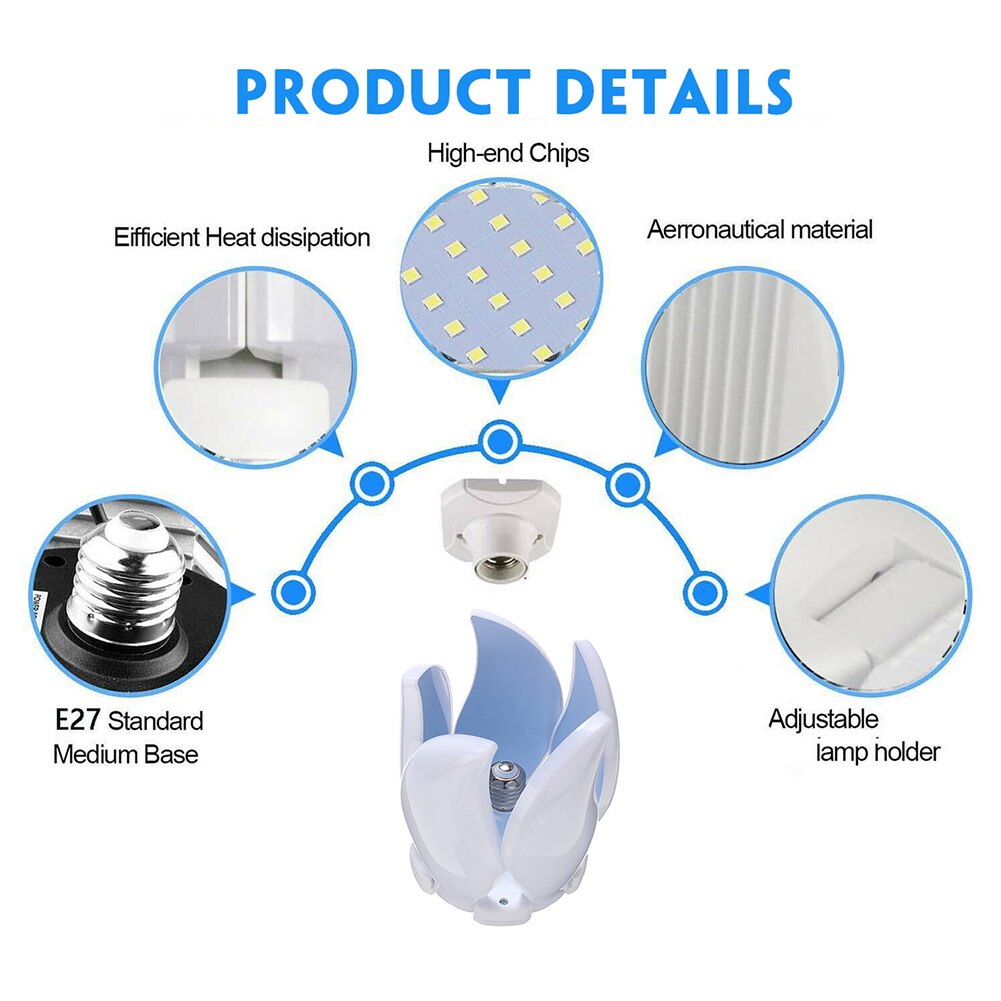 5 Leaf 5800LM LED Garage Light E27 Workshop Ceiling Lights Fixture Deformable Lamp Industrial Lighting
