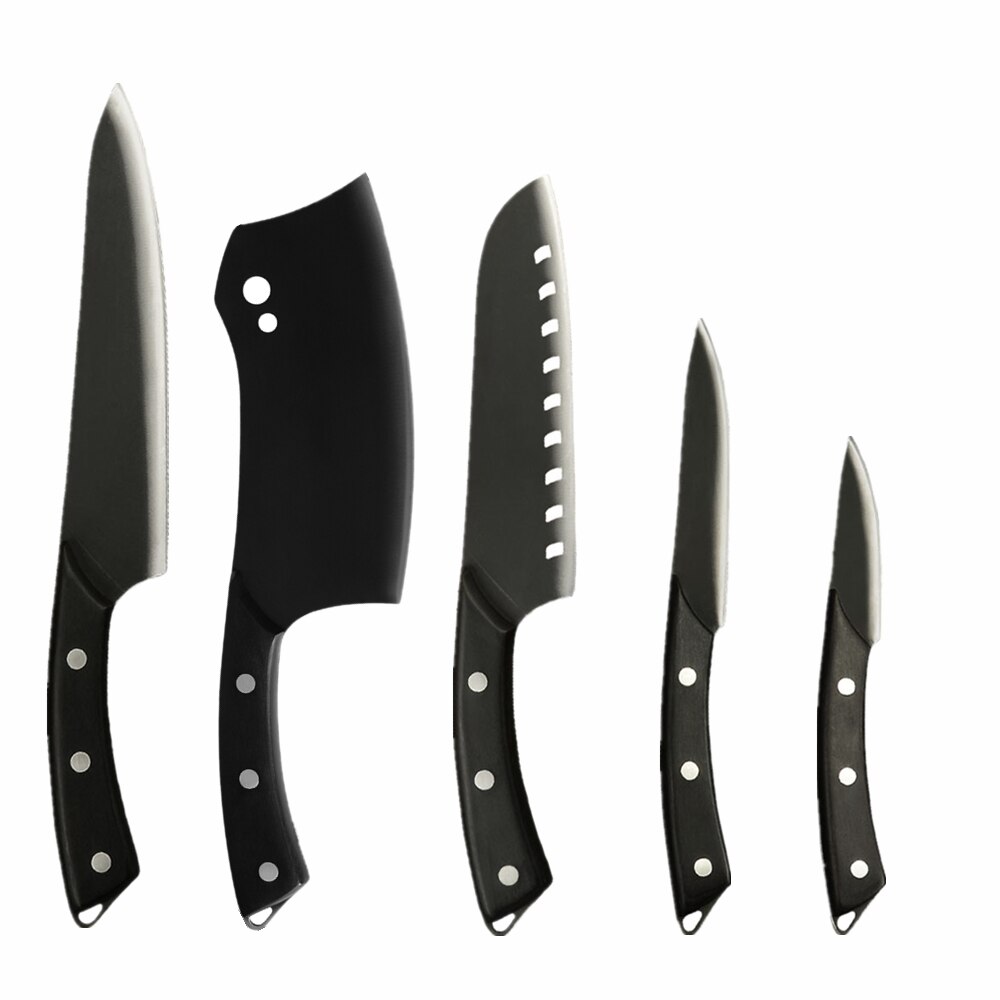 Sowoll Pro Kitchen Cooking Knives Set 8&#39;&#39; Chef 7&#39;&#39; Santoku Chopping 5&#39;&#39; Santoku Utility 3.5&#39;&#39; Paring Knife Sheath Cover Tools: B 5PCS SET