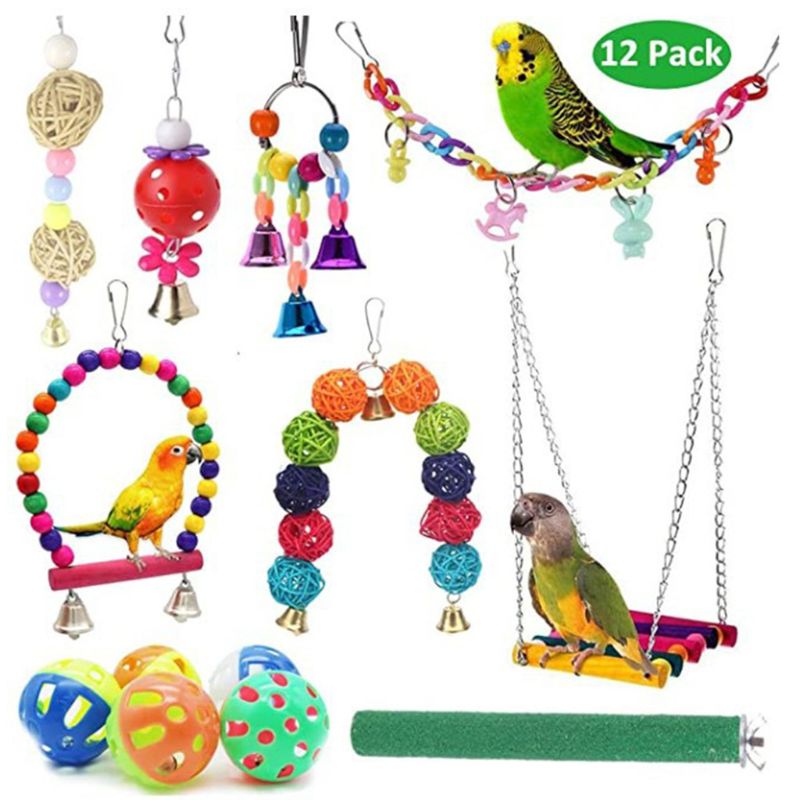 1 Set Vogel Papegaai Swing Kauwspeeltjes Kleurrijke Kralen Bells Staande Zitstokken Huisdier Kooi Opknoping Hangmat Voor Parkieten Vinken Lovebirds