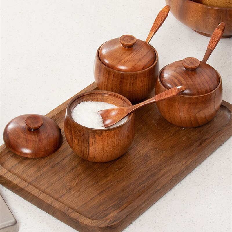 Akazie Holz Salz würzen Krug Zucker Pfeffer Container Holz Gewürz Kasten Lagerung Schüttler Panzer Flasche Kräuter Organizer Mit Deckel