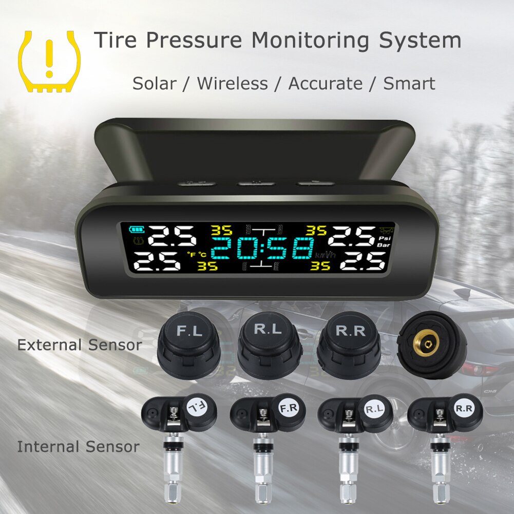 Temp Monitoring Alarm System Monitoring Tyre Temperature Alarm System Solar Car TPMS with Clock Tire Pressure
