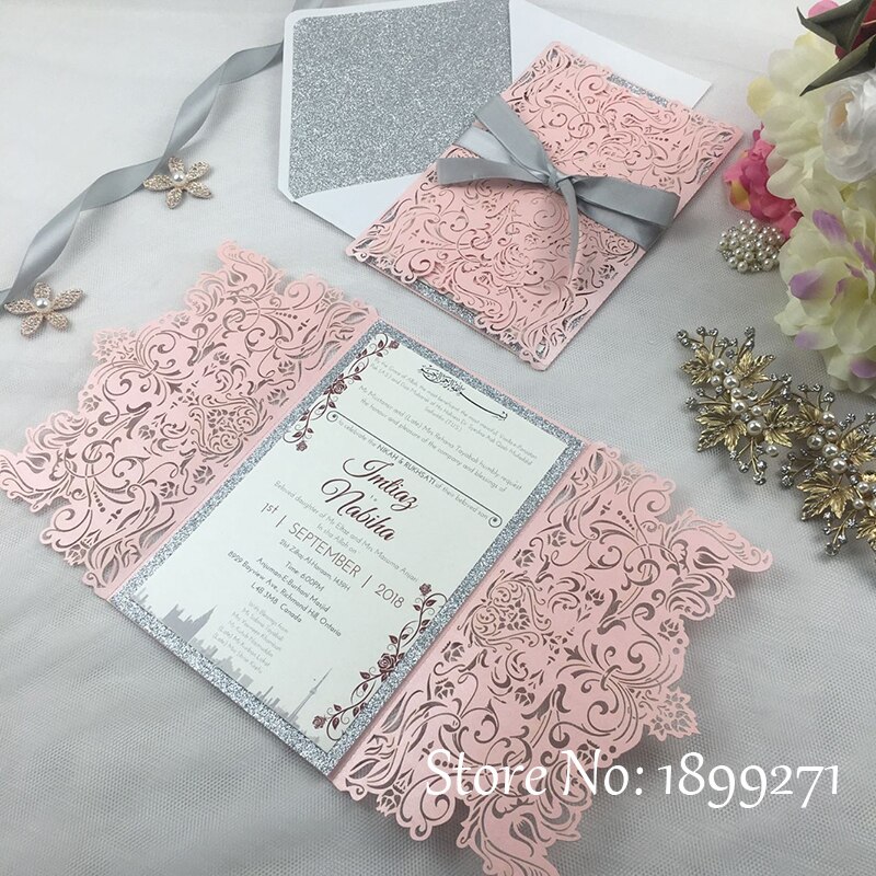 1full set flower light pink pearl wedding invitation card with gliter paper Recycled Arabic Wedding Greet thank you Card: Default Title